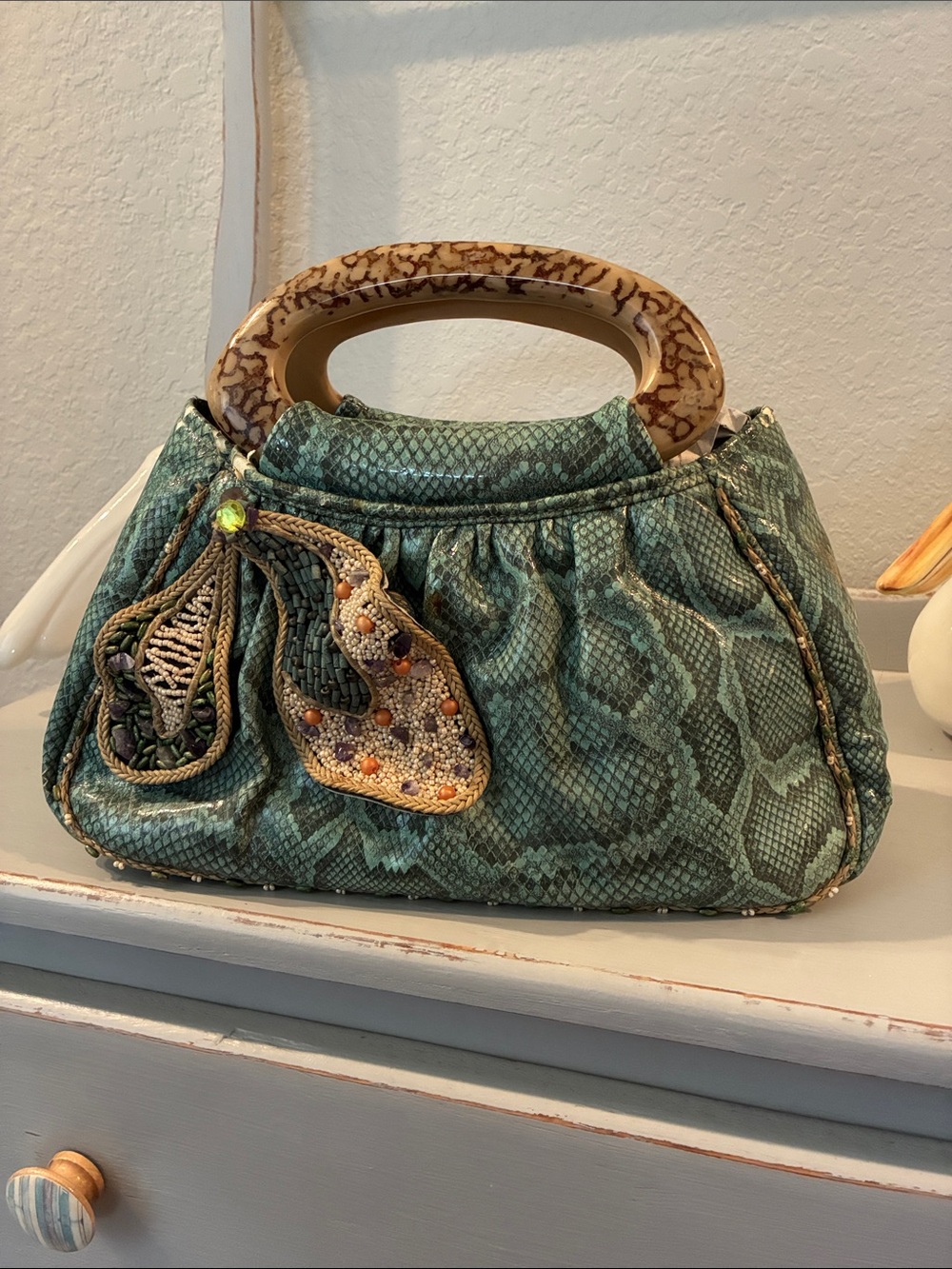 Mary Frances Teal Snakeskin-Effect Top-Handle Mini Bag with Decorative Tassel